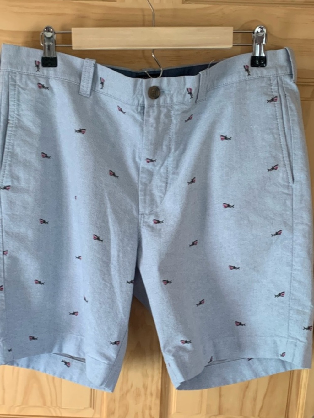 J. Crew Gramercy Light Blue Cotton Chino Shorts with Embroidered Sharks Fish 34W
